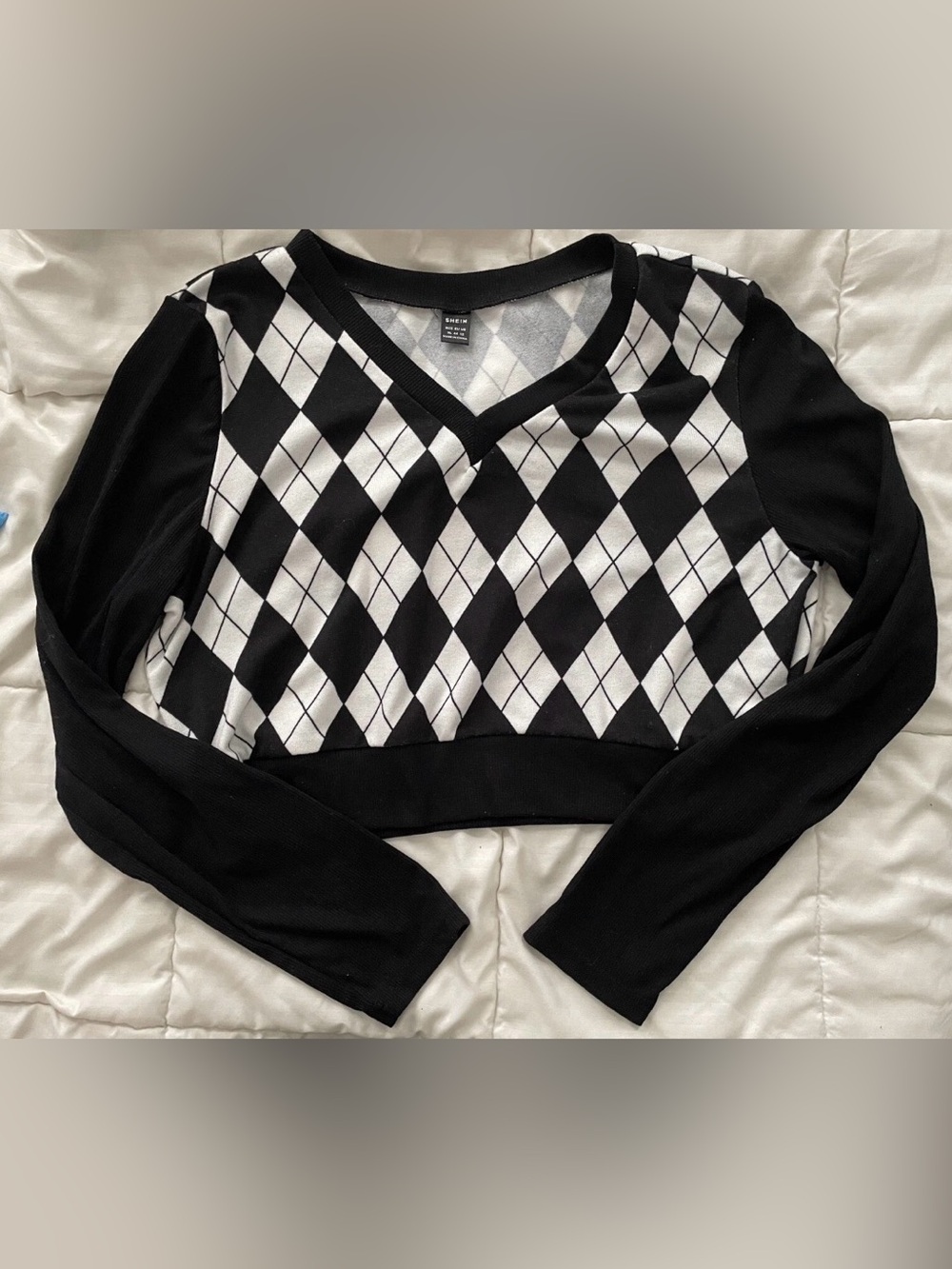 Shein Argyle Girls Crop Sweater Black White XL US 12 EU 44